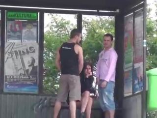 A sensational sweetheart with pefect figure PUBLIC sex film threesome with 2 blokes